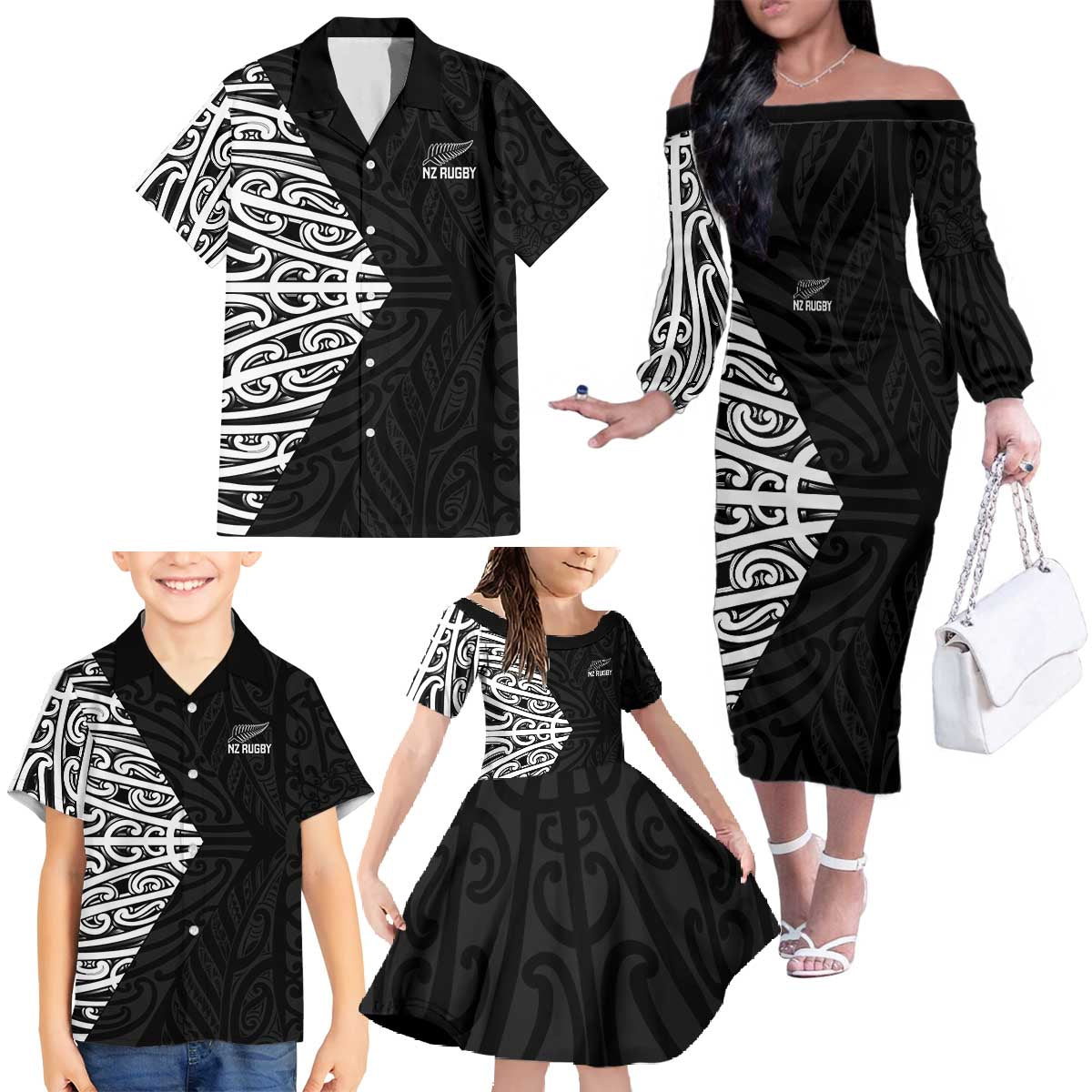 New Zealand Silver Fern Rugby Custom Family Matching Off The Shoulder Long Sleeve Dress and Hawaiian Shirt Maori Koru Go Black Fern - Polynesian Pride