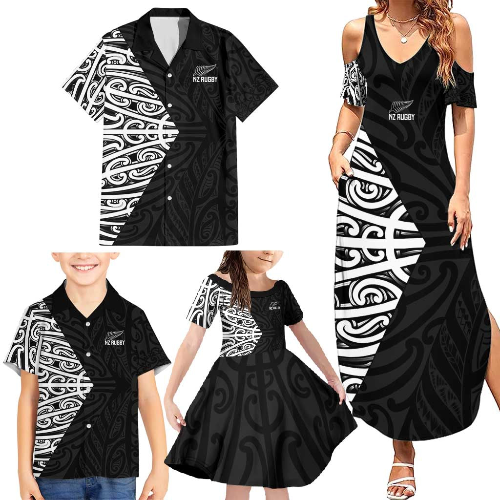 New Zealand Silver Fern Rugby Custom Family Matching Summer Maxi Dress and Hawaiian Shirt Maori Koru Go Black Fern - Polynesian Pride