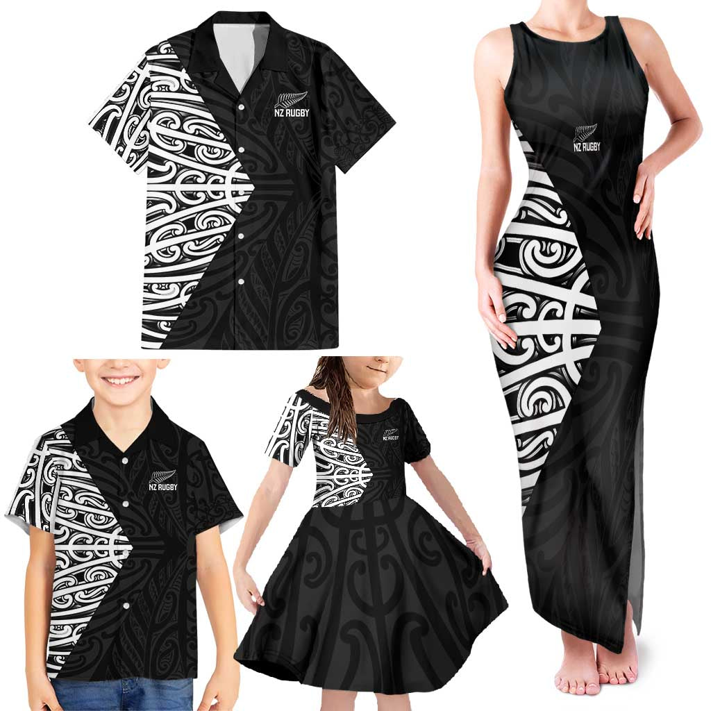 New Zealand Silver Fern Rugby Custom Family Matching Tank Maxi Dress and Hawaiian Shirt Maori Koru Go Black Fern - Polynesian Pride