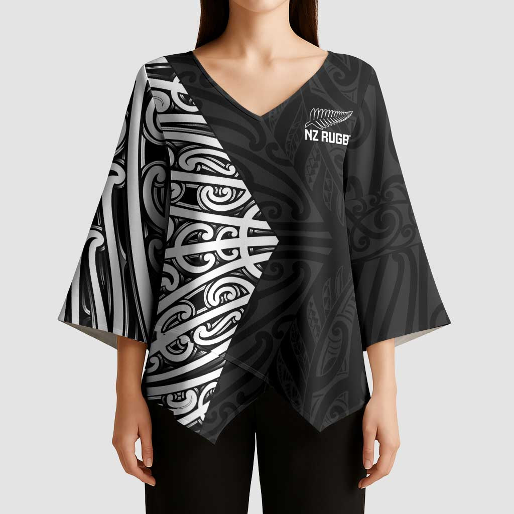 New Zealand Silver Fern Rugby Custom Kimono Sleeve Blouse Maori Koru Go Black Fern - Polynesian Pride