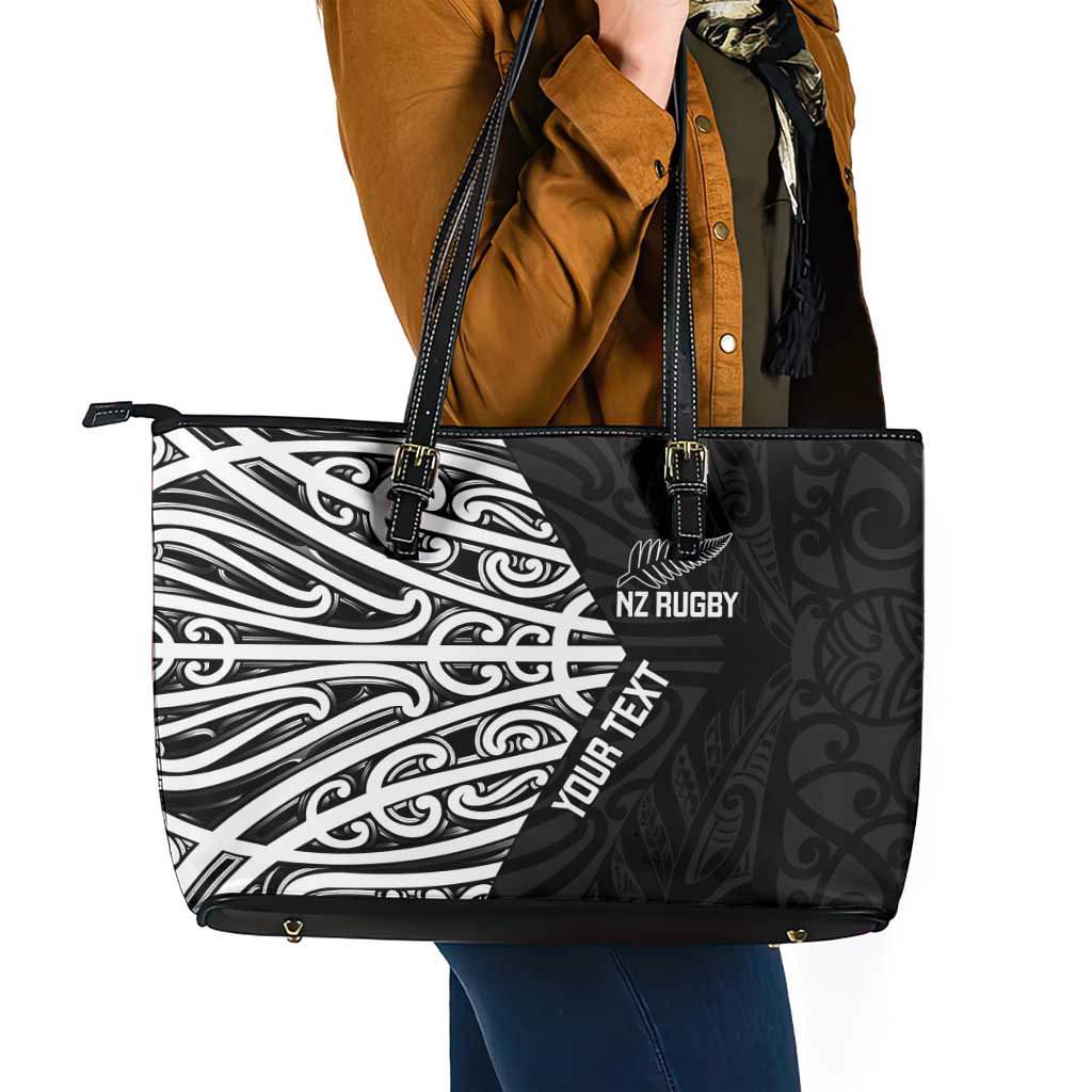 New Zealand Silver Fern Rugby Custom Leather Tote Bag Maori Koru Go Black Fern - Polynesian Pride