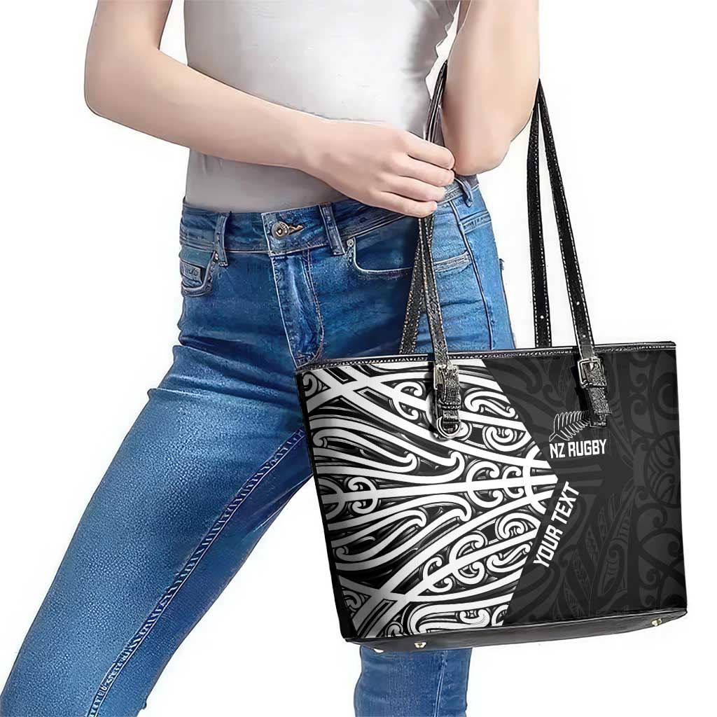 New Zealand Silver Fern Rugby Custom Leather Tote Bag Maori Koru Go Black Fern - Polynesian Pride