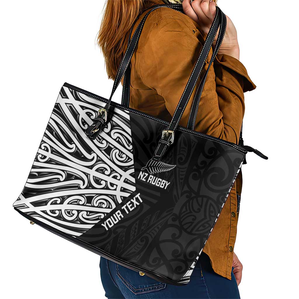 New Zealand Silver Fern Rugby Custom Leather Tote Bag Maori Koru Go Black Fern - Polynesian Pride