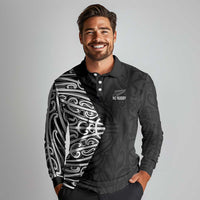 New Zealand Silver Fern Rugby Custom Long Sleeve Polo Shirt Maori Koru Go Black Fern - Polynesian Pride