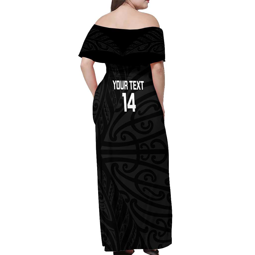 New Zealand Silver Fern Rugby Custom Off Shoulder Maxi Dress Maori Koru Go Black Fern - Polynesian Pride