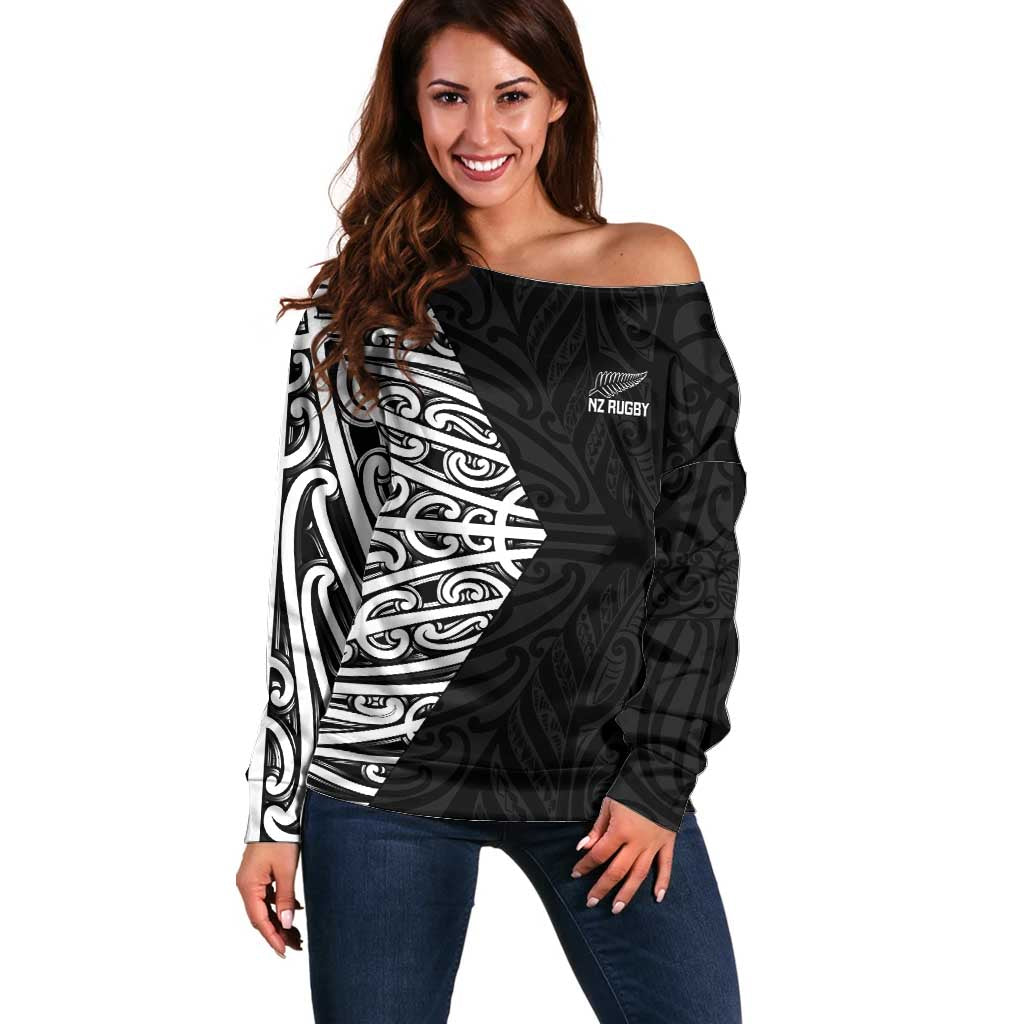 New Zealand Silver Fern Rugby Custom Off Shoulder Sweater Maori Koru Go Black Fern - Polynesian Pride