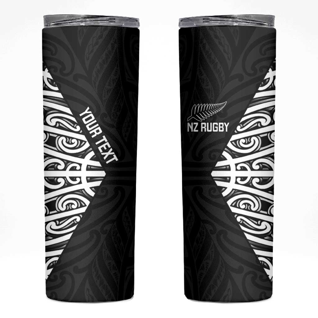 New Zealand Silver Fern Rugby Custom Skinny Tumbler Maori Koru Go Black Fern - Polynesian Pride