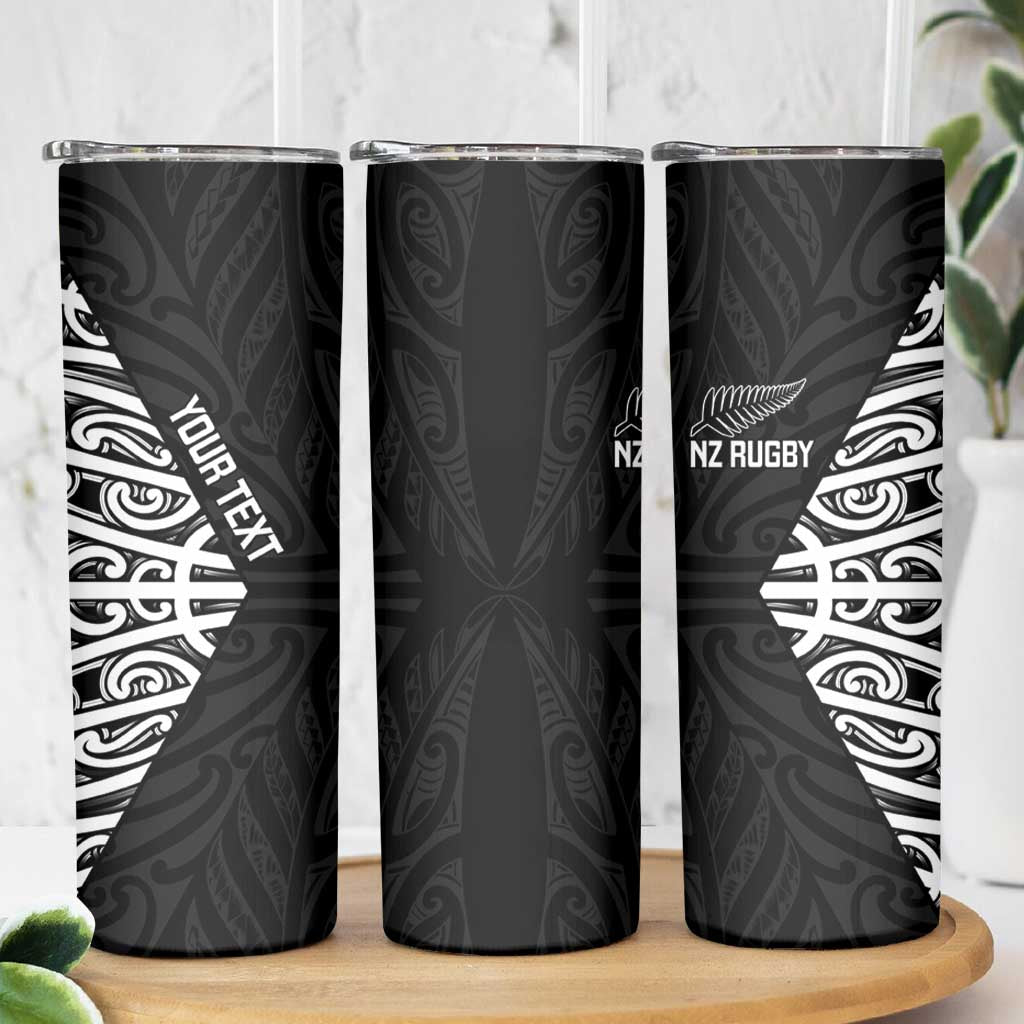 New Zealand Silver Fern Rugby Custom Skinny Tumbler Maori Koru Go Black Fern - Polynesian Pride