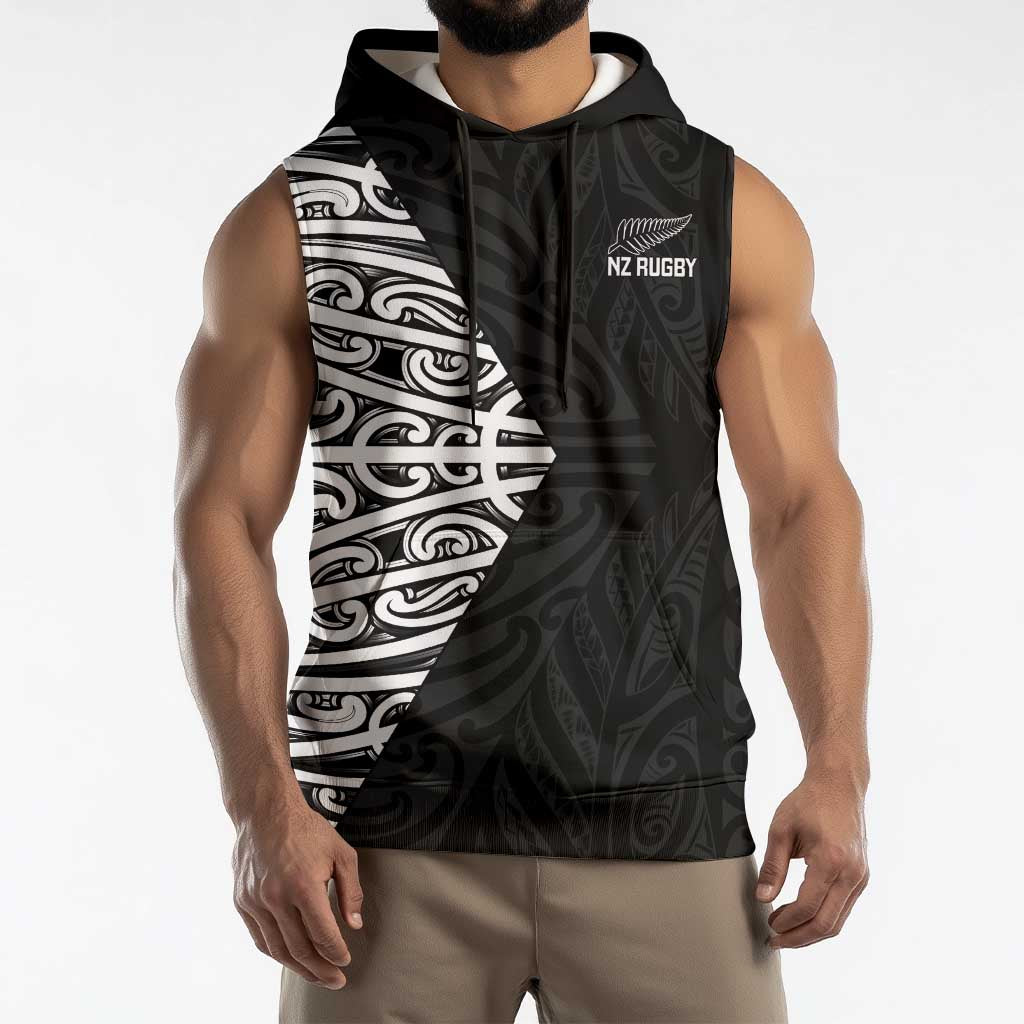 New Zealand Silver Fern Rugby Custom Sleeveless Hoodie Maori Koru Go Black Fern - Polynesian Pride