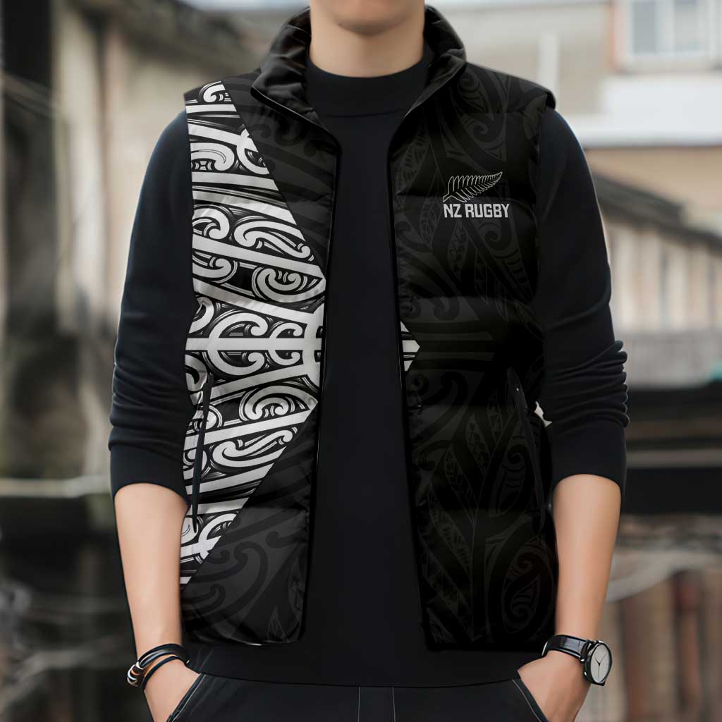 New Zealand Silver Fern Rugby Custom Sleeveless Puffer Jacket Maori Koru Go Black Fern - Polynesian Pride