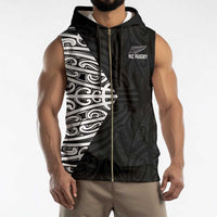 New Zealand Silver Fern Rugby Custom Sleeveless Zip Hoodie Maori Koru Go Black Fern - Polynesian Pride