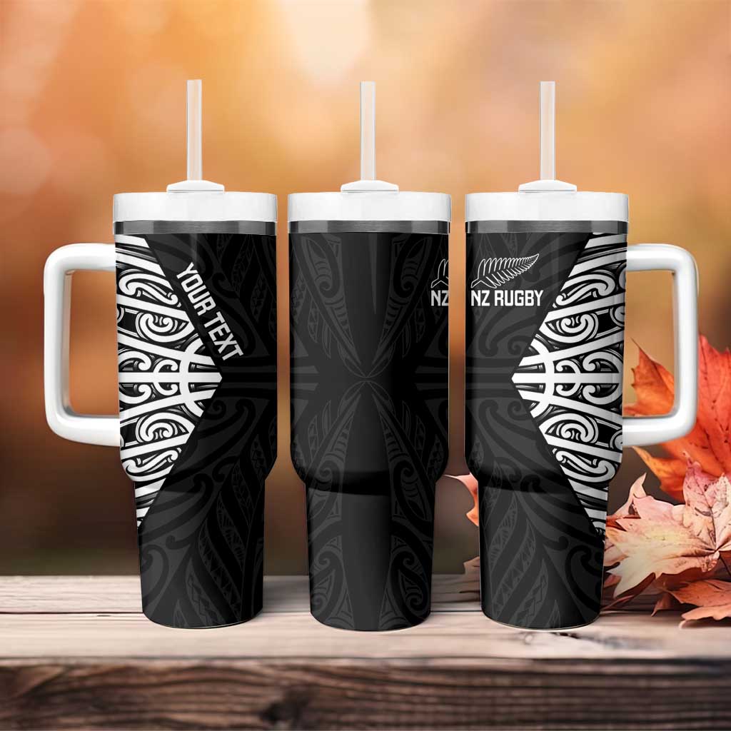 New Zealand Silver Fern Rugby Custom Tumbler With Handle Maori Koru Go Black Fern - Polynesian Pride