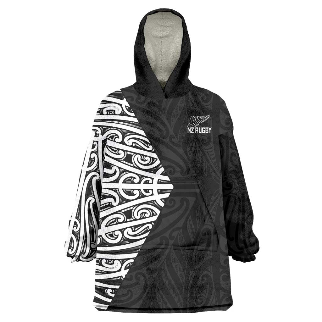New Zealand Silver Fern Rugby Custom Wearable Blanket Hoodie Maori Koru Go Black Fern - Polynesian Pride