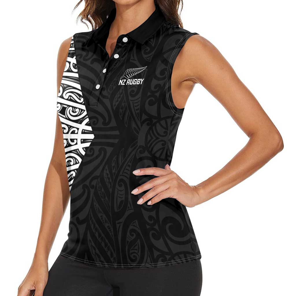 New Zealand Silver Fern Rugby Custom Women Sleeveless Polo Shirt Maori Koru Go Black Fern - Polynesian Pride