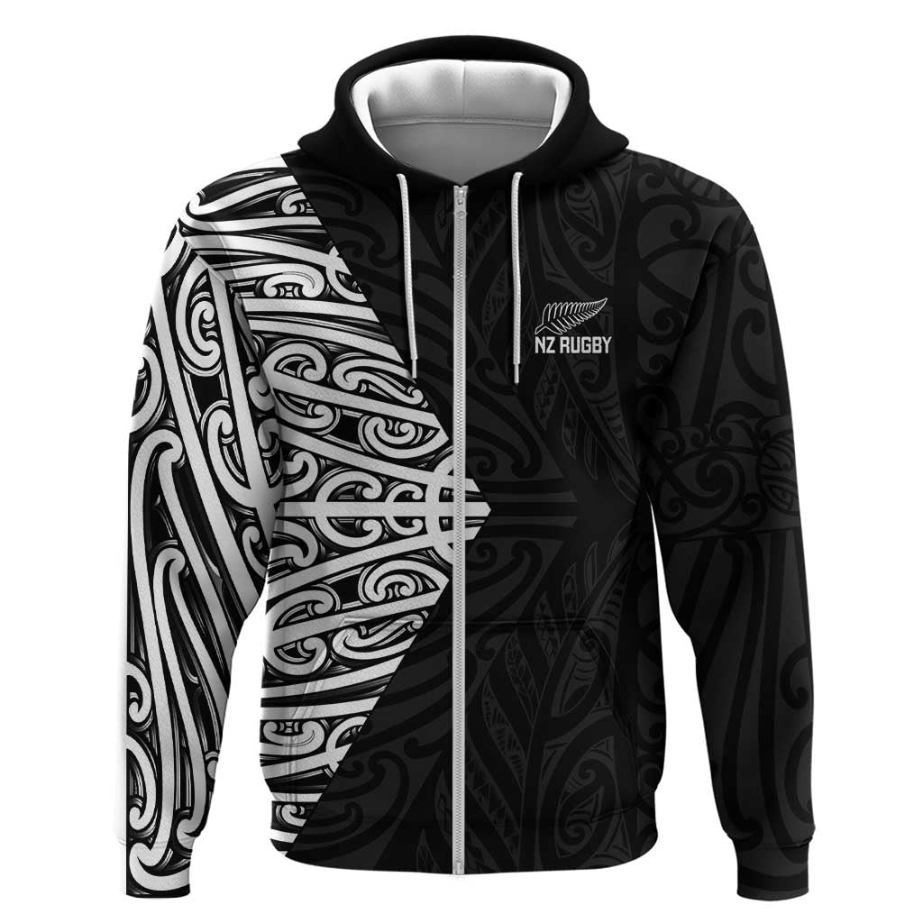New Zealand Silver Fern Rugby Custom Zip Hoodie Maori Koru Go Black Fern - Polynesian Pride