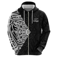 New Zealand Silver Fern Rugby Custom Zip Hoodie Maori Koru Go Black Fern - Polynesian Pride
