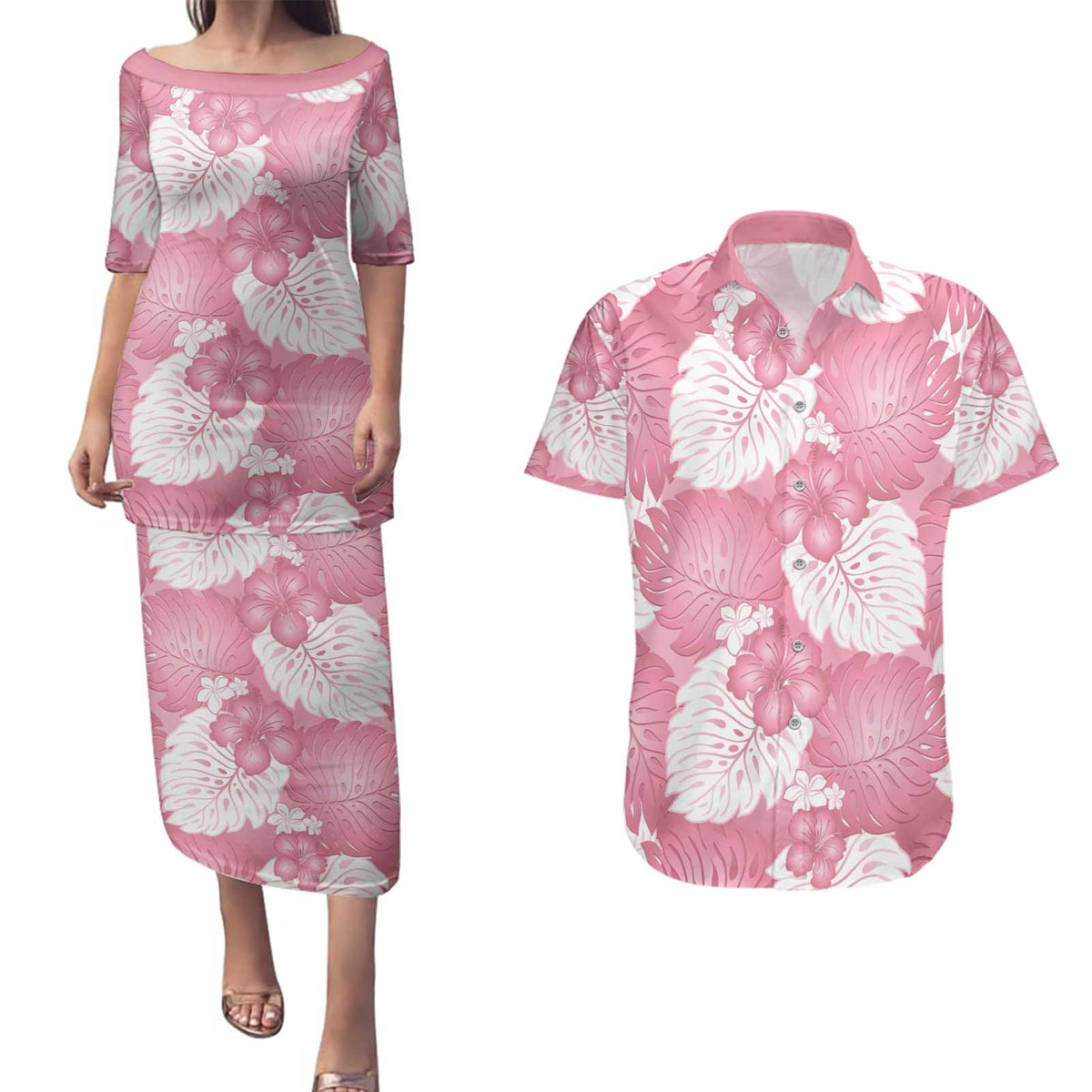 Pink Aloha Hawaii Couples Matching Puletasi and Hawaiian Shirt Monstera Hibiscus Plumeria Seamless Vibes LT14 Pink - Polynesian Pride