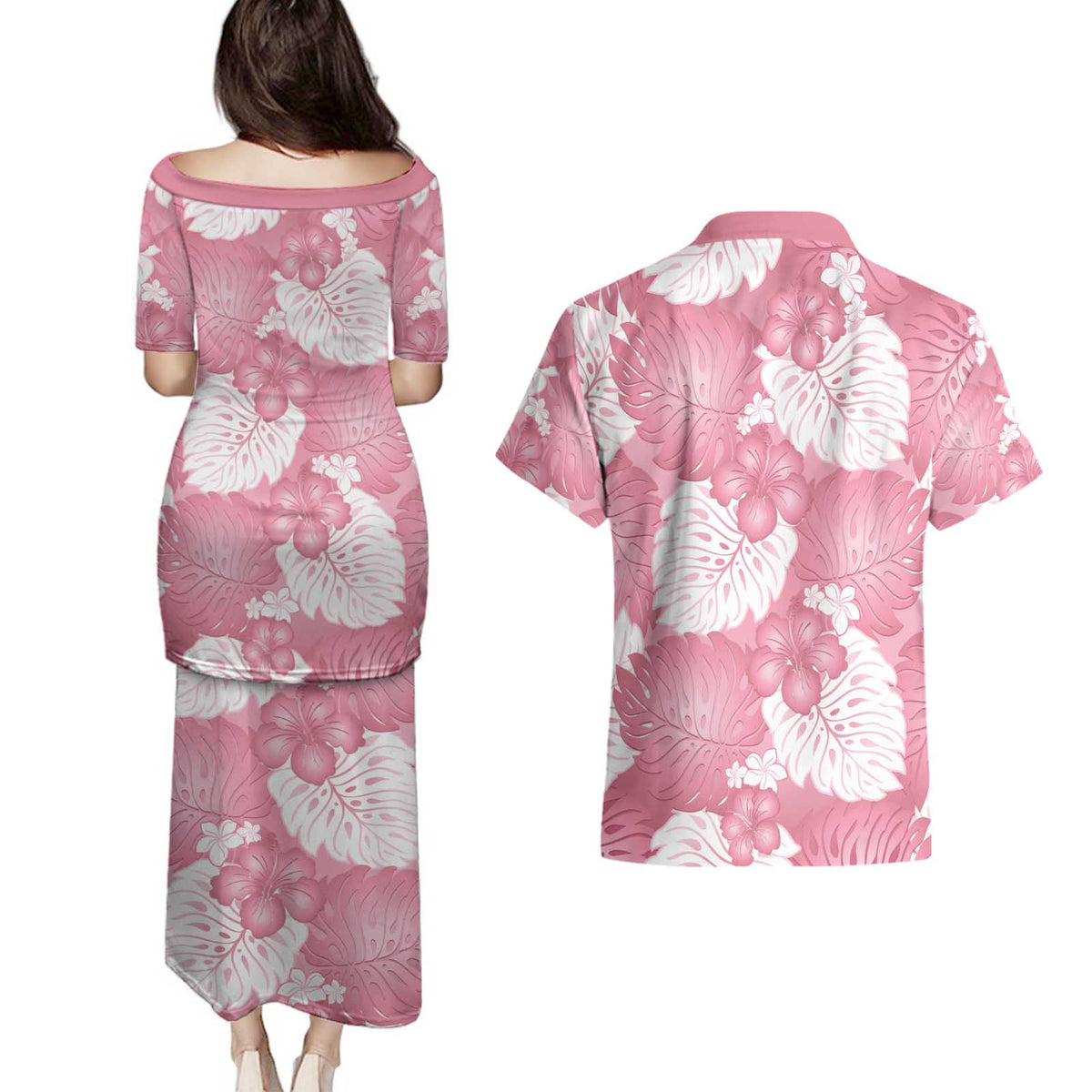 Pink Aloha Hawaii Couples Matching Puletasi and Hawaiian Shirt Monstera Hibiscus Plumeria Seamless Vibes LT14 - Polynesian Pride