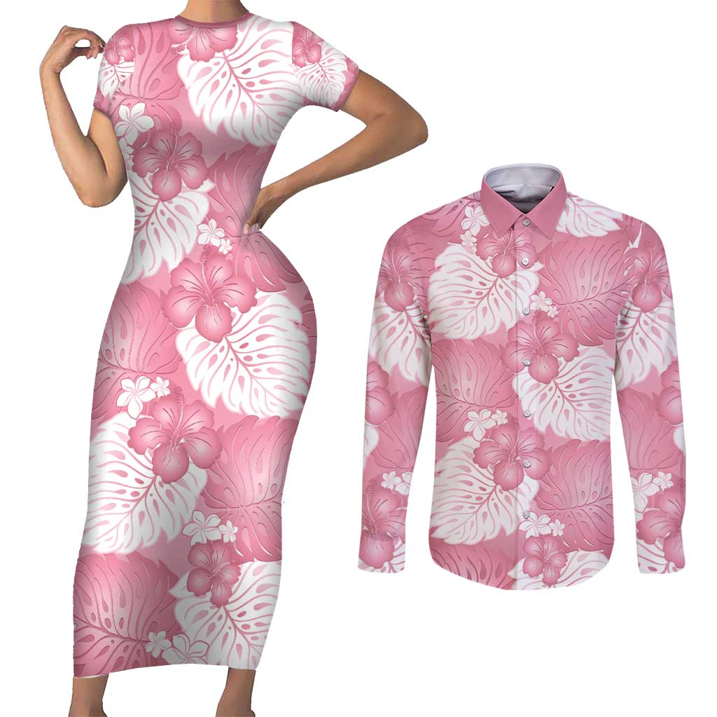 Pink Aloha Hawaii Couples Matching Short Sleeve Bodycon Dress and Long Sleeve Button Shirt Monstera Hibiscus Plumeria Seamless Vibes - Polynesian Pride