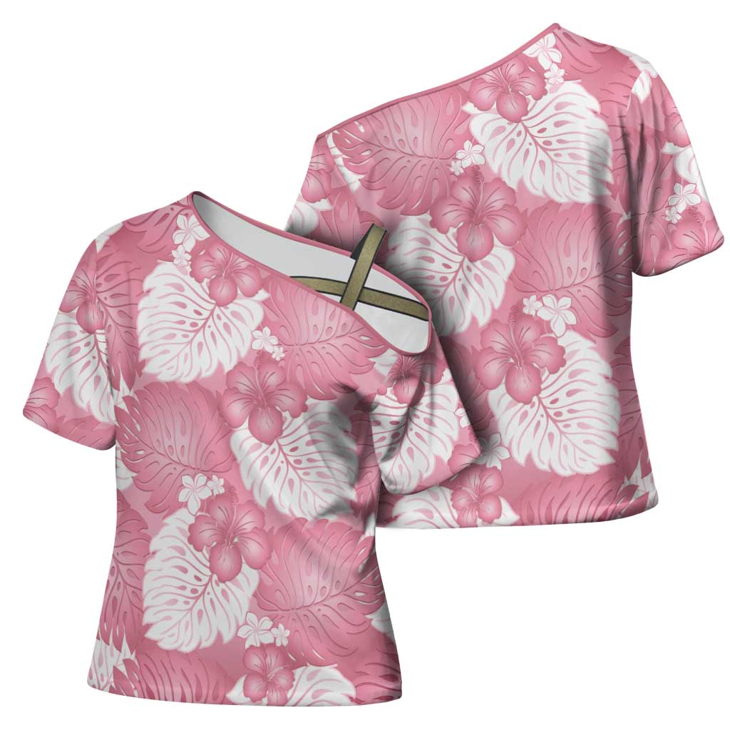Pink Aloha Hawaii Cross Shoulder Shirt Monstera Hibiscus Plumeria Seamless Vibes LT14 - Polynesian Pride
