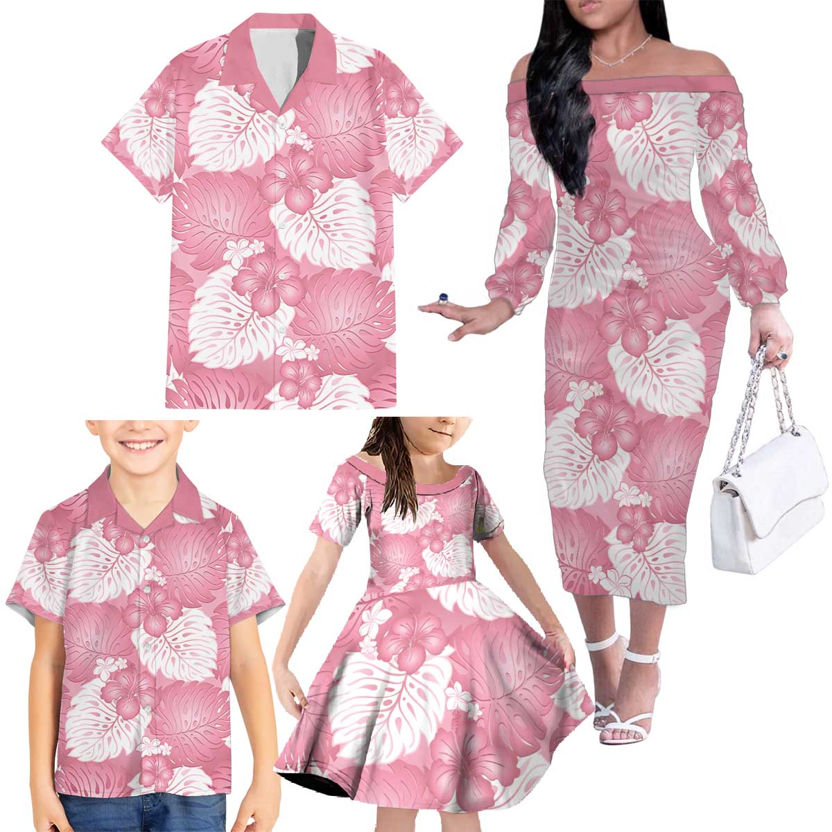 Pink Aloha Hawaii Family Matching Off The Shoulder Long Sleeve Dress and Hawaiian Shirt Monstera Hibiscus Plumeria Seamless Vibes - Polynesian Pride