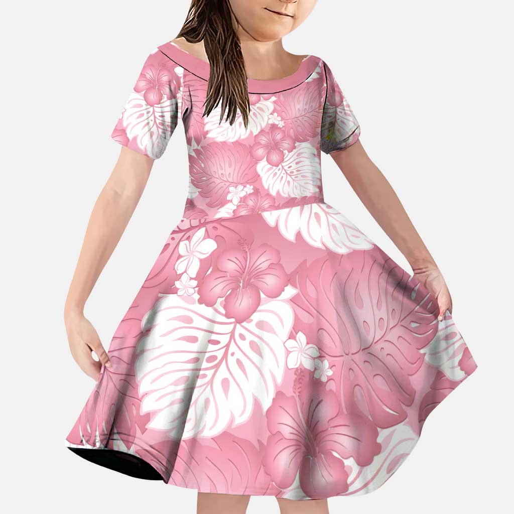Pink Aloha Hawaii Family Matching Puletasi and Hawaiian Shirt Monstera Hibiscus Plumeria Seamless Vibes LT14 Daughter's Dress Pink - Polynesian Pride