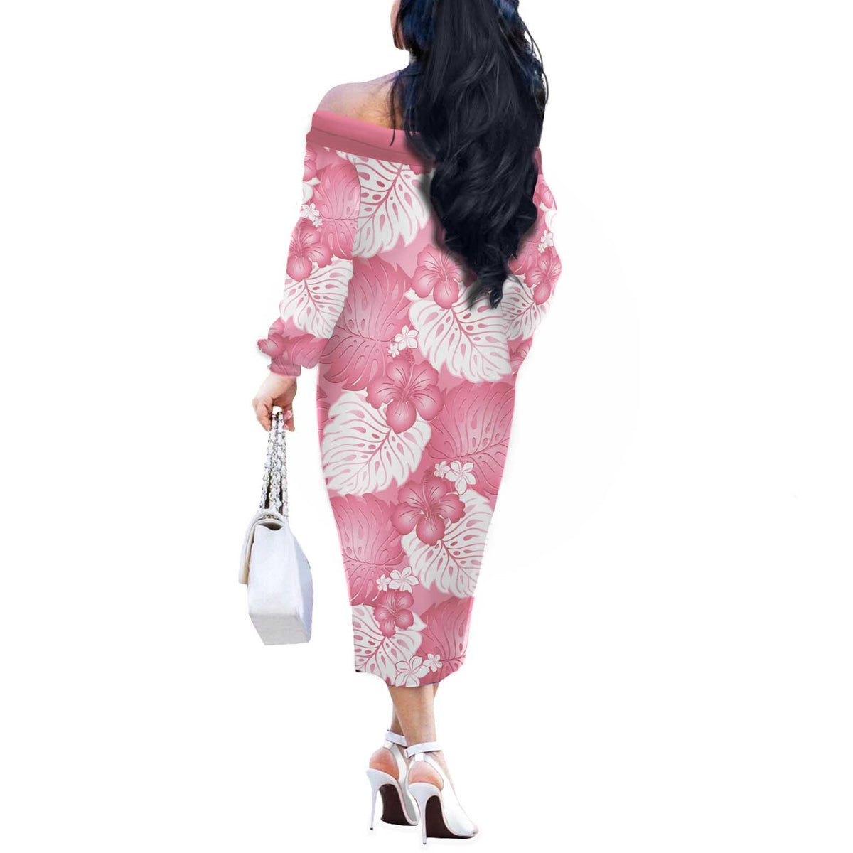 Pink Aloha Hawaii Off The Shoulder Long Sleeve Dress Monstera Hibiscus Plumeria Seamless Vibes - Polynesian Pride