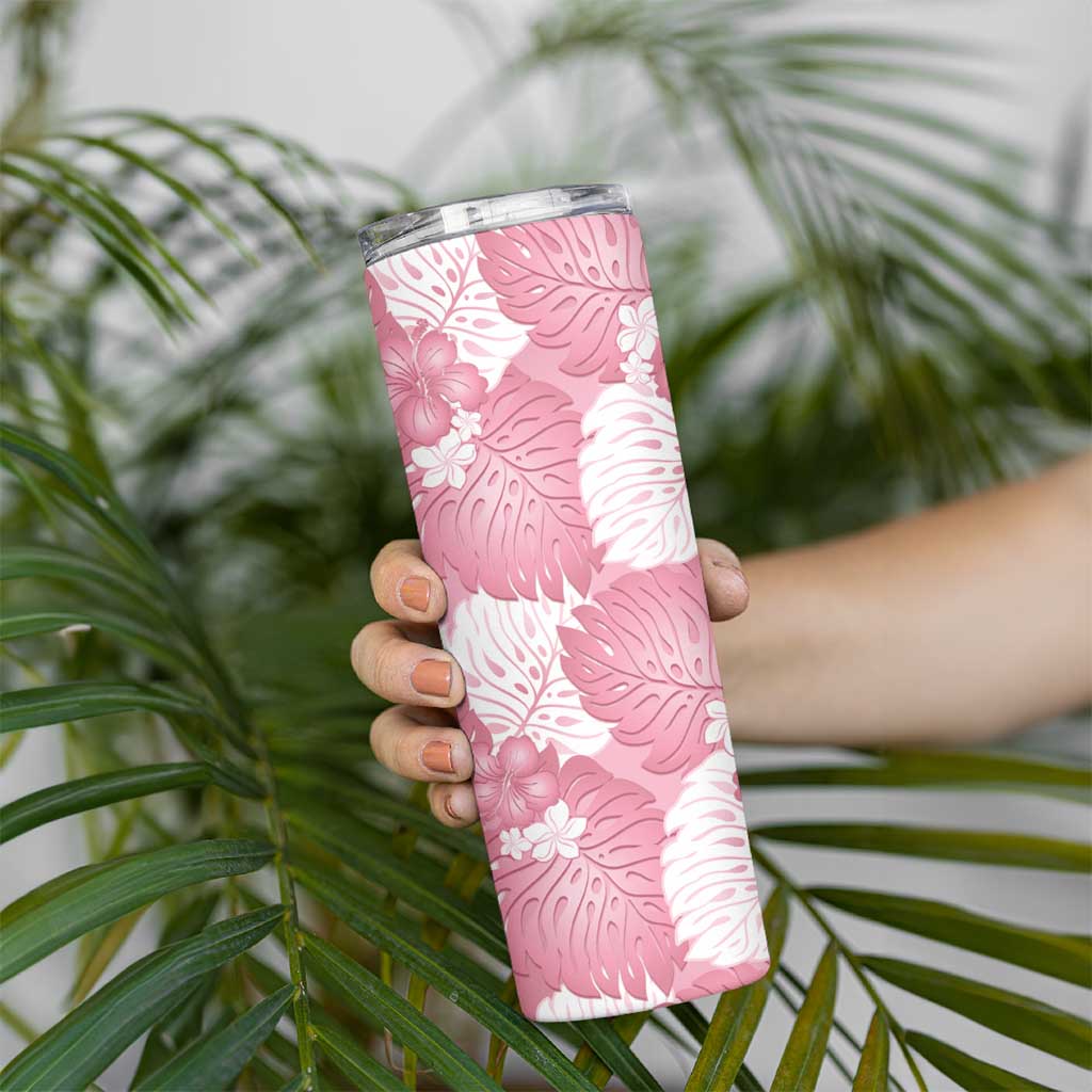 Pink Aloha Hawaii Skinny Tumbler Monstera Hibiscus Plumeria Seamless Vibes - Polynesian Pride
