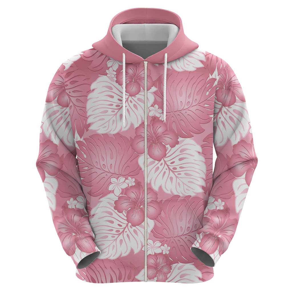 Pink Aloha Hawaii Zip Hoodie Monstera Hibiscus Plumeria Seamless Vibes - Polynesian Pride