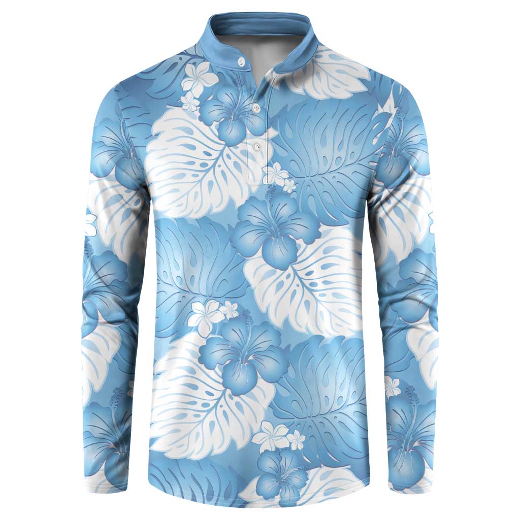 Blue Aloha Hawaii Button Sweatshirt Monstera Hibiscus Plumeria Seamless Vibes - Polynesian Pride