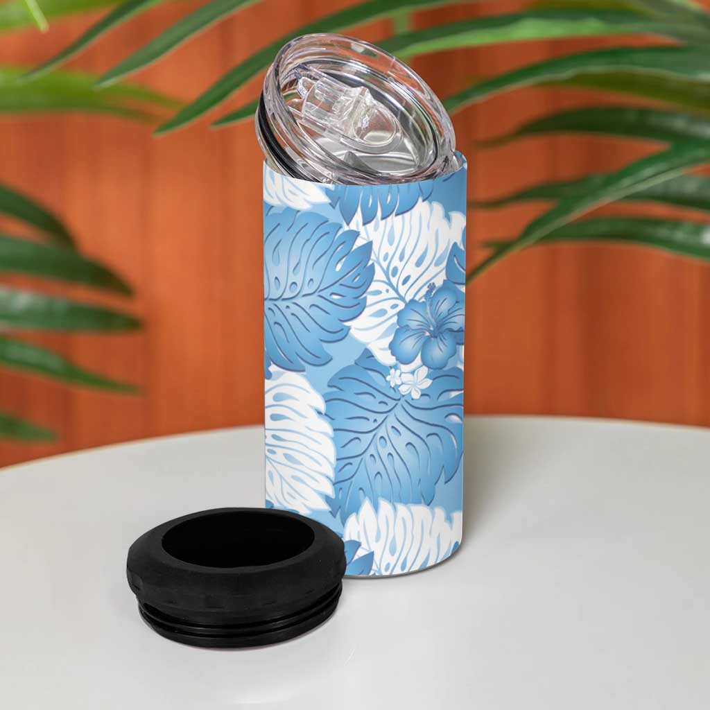 Blue Aloha Hawaii 4 in 1 Can Cooler Tumbler Monstera Hibiscus Plumeria Seamless Vibes - Polynesian Pride