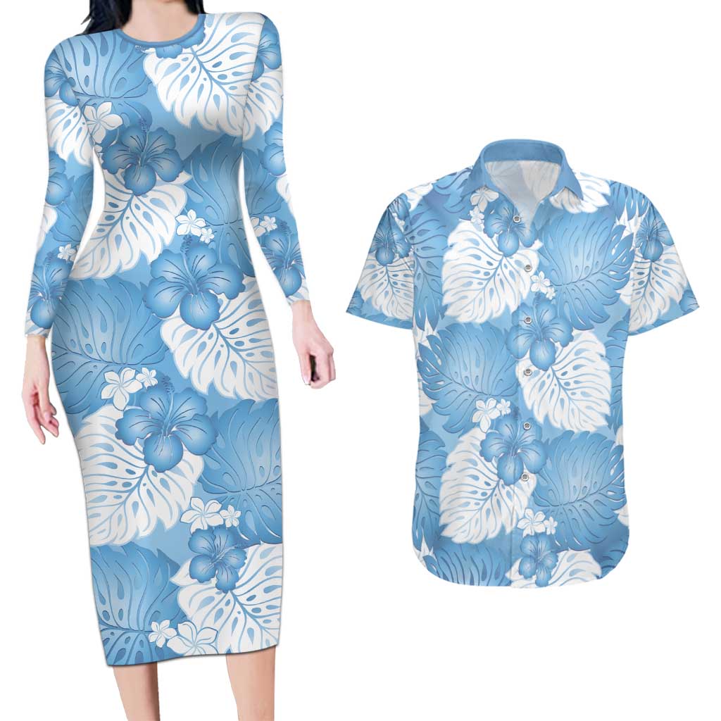 Blue Aloha Hawaii Couples Matching Long Sleeve Bodycon Dress and Hawaiian Shirt Monstera Hibiscus Plumeria Seamless Vibes - Polynesian Pride