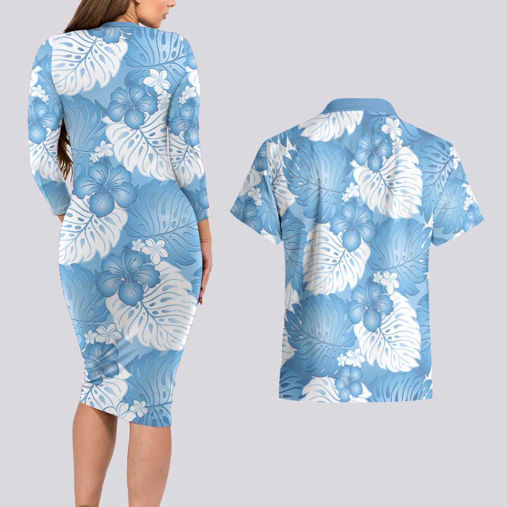 Blue Aloha Hawaii Couples Matching Long Sleeve Bodycon Dress and Hawaiian Shirt Monstera Hibiscus Plumeria Seamless Vibes - Polynesian Pride