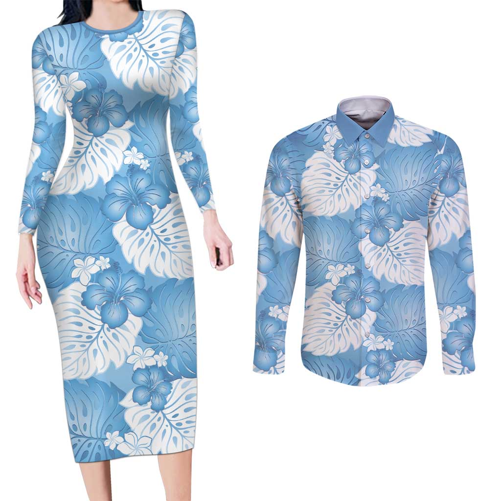 Blue Aloha Hawaii Couples Matching Long Sleeve Bodycon Dress and Long Sleeve Button Shirt Monstera Hibiscus Plumeria Seamless Vibes - Polynesian Pride