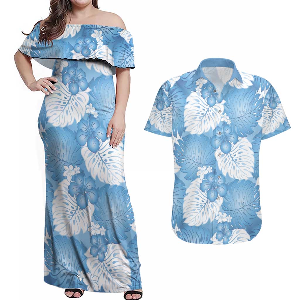 Blue Aloha Hawaii Couples Matching Off Shoulder Maxi Dress and Hawaiian Shirt Monstera Hibiscus Plumeria Seamless Vibes - Polynesian Pride