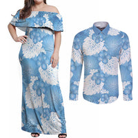 Blue Aloha Hawaii Couples Matching Off Shoulder Maxi Dress and Long Sleeve Button Shirt Monstera Hibiscus Plumeria Seamless Vibes - Polynesian Pride