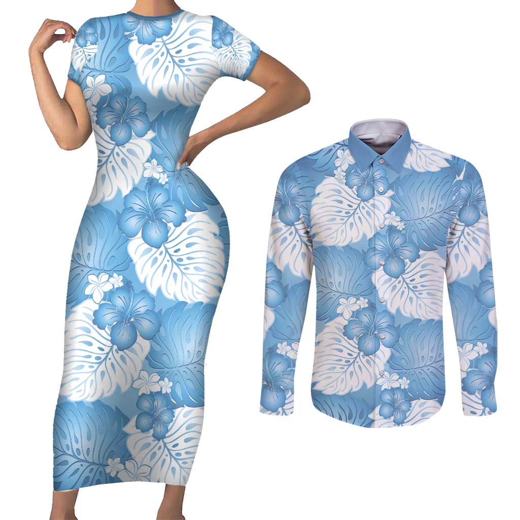 Blue Aloha Hawaii Couples Matching Short Sleeve Bodycon Dress and Long Sleeve Button Shirt Monstera Hibiscus Plumeria Seamless Vibes - Polynesian Pride