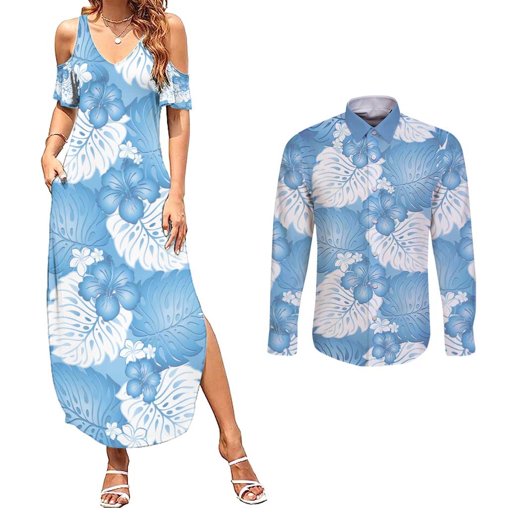 Blue Aloha Hawaii Couples Matching Summer Maxi Dress and Long Sleeve Button Shirt Monstera Hibiscus Plumeria Seamless Vibes - Polynesian Pride
