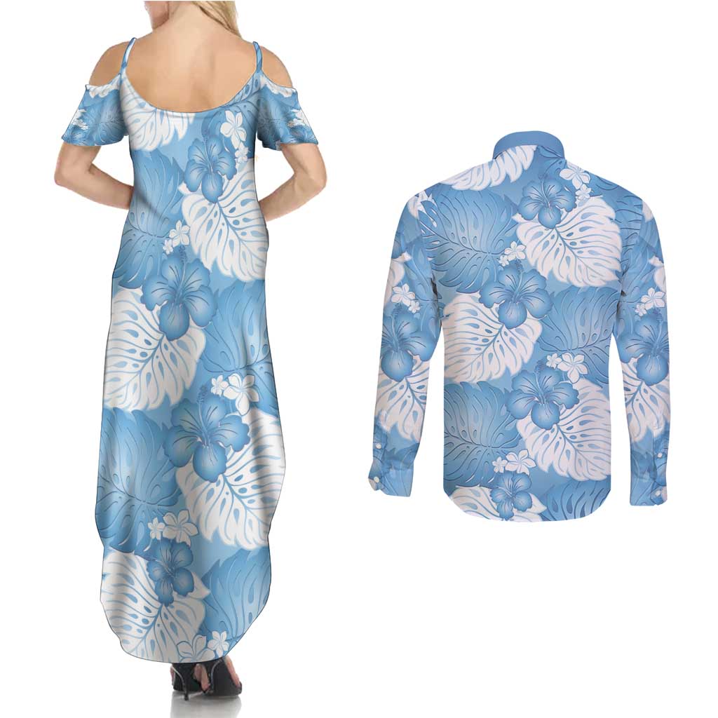 Blue Aloha Hawaii Couples Matching Summer Maxi Dress and Long Sleeve Button Shirt Monstera Hibiscus Plumeria Seamless Vibes - Polynesian Pride