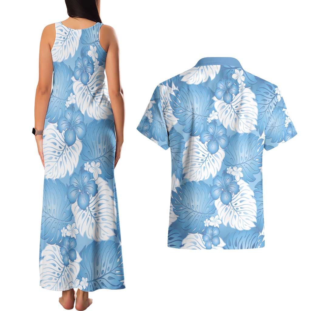 Blue Aloha Hawaii Couples Matching Tank Maxi Dress and Hawaiian Shirt Monstera Hibiscus Plumeria Seamless Vibes - Polynesian Pride
