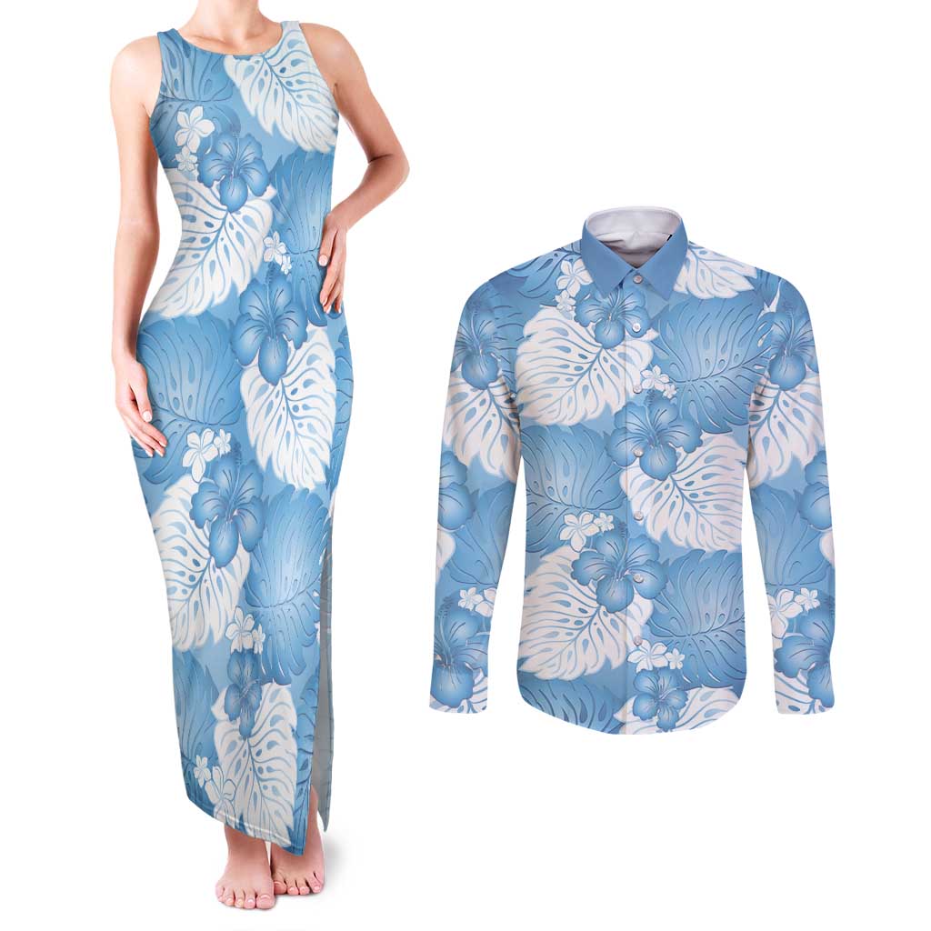 Blue Aloha Hawaii Couples Matching Tank Maxi Dress and Long Sleeve Button Shirt Monstera Hibiscus Plumeria Seamless Vibes - Polynesian Pride
