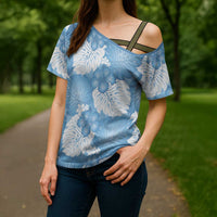 Blue Aloha Hawaii Cross Shoulder Shirt Monstera Hibiscus Plumeria Seamless Vibes - Polynesian Pride