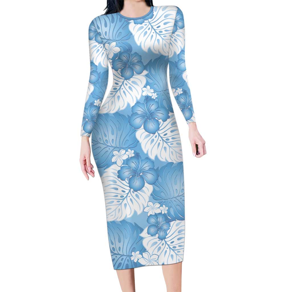 Blue Aloha Hawaii Family Matching Long Sleeve Bodycon Dress and Hawaiian Shirt Monstera Hibiscus Plumeria Seamless Vibes LT14 Mom's Dress Blue - Polynesian Pride