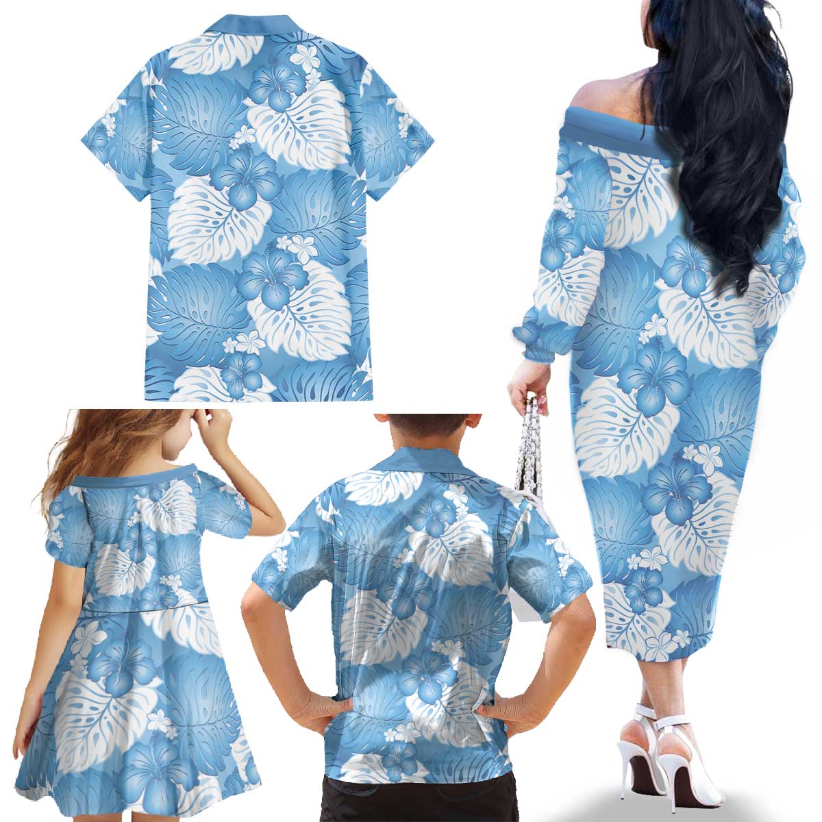 Blue Aloha Hawaii Family Matching Off The Shoulder Long Sleeve Dress and Hawaiian Shirt Monstera Hibiscus Plumeria Seamless Vibes - Polynesian Pride