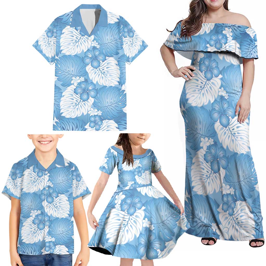 Blue Aloha Hawaii Family Matching Off Shoulder Maxi Dress and Hawaiian Shirt Monstera Hibiscus Plumeria Seamless Vibes - Polynesian Pride