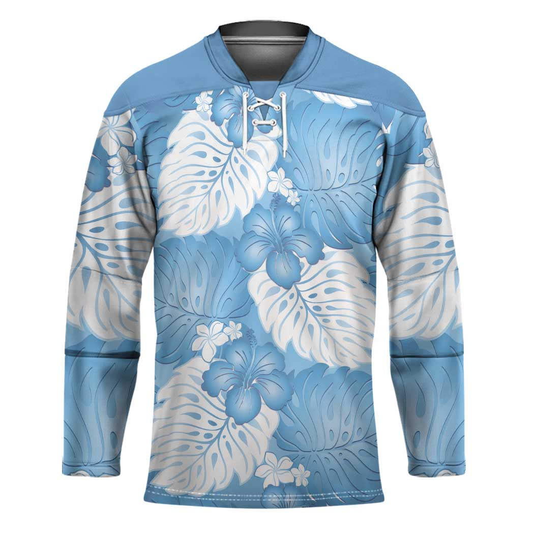 Blue Aloha Hawaii Hockey Jersey Monstera Hibiscus Plumeria Seamless Vibes - Polynesian Pride