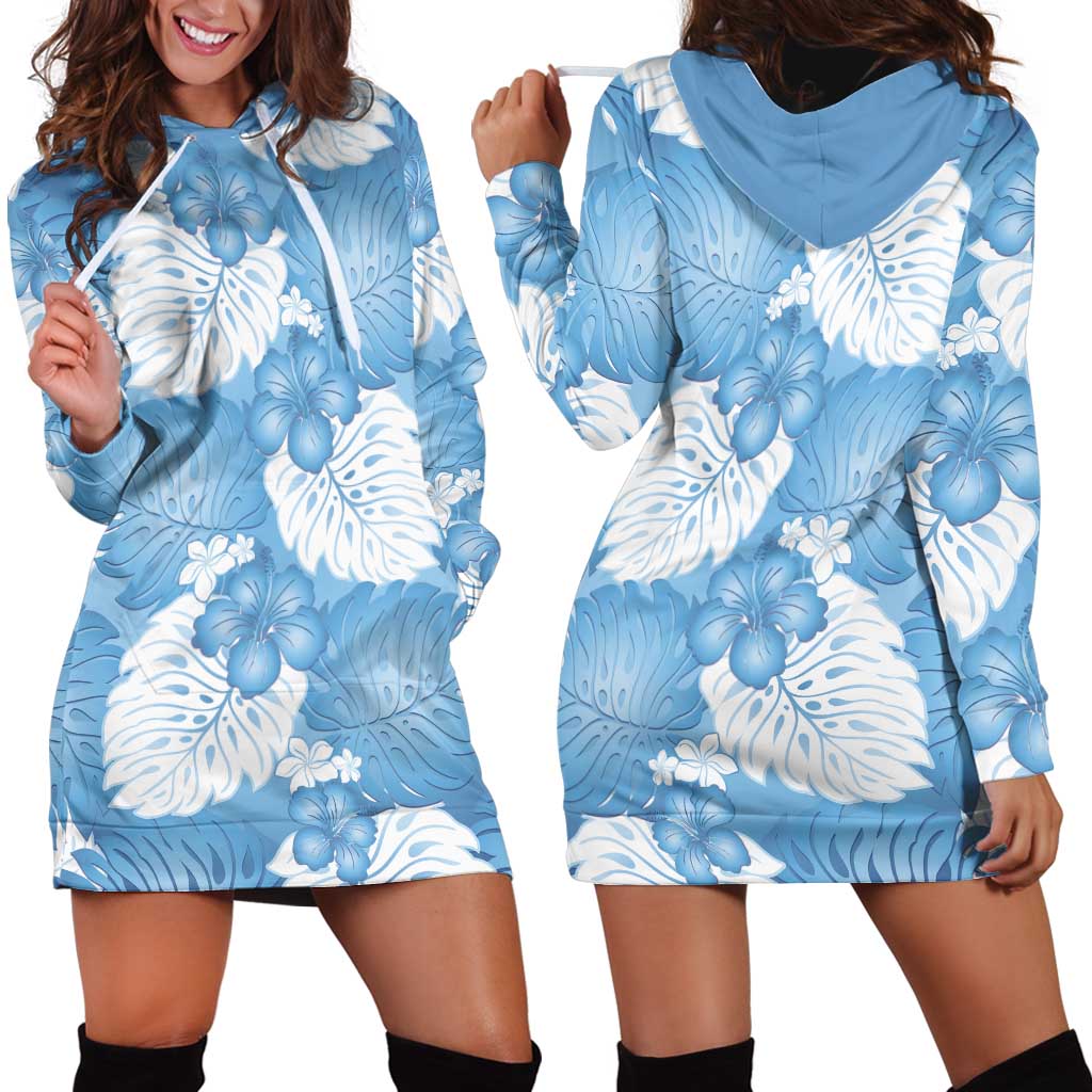 Blue Aloha Hawaii Hoodie Dress Monstera Hibiscus Plumeria Seamless Vibes - Polynesian Pride