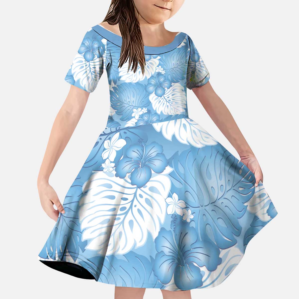 Blue Aloha Hawaii Kid Short Sleeve Dress Monstera Hibiscus Plumeria Seamless Vibes - Polynesian Pride
