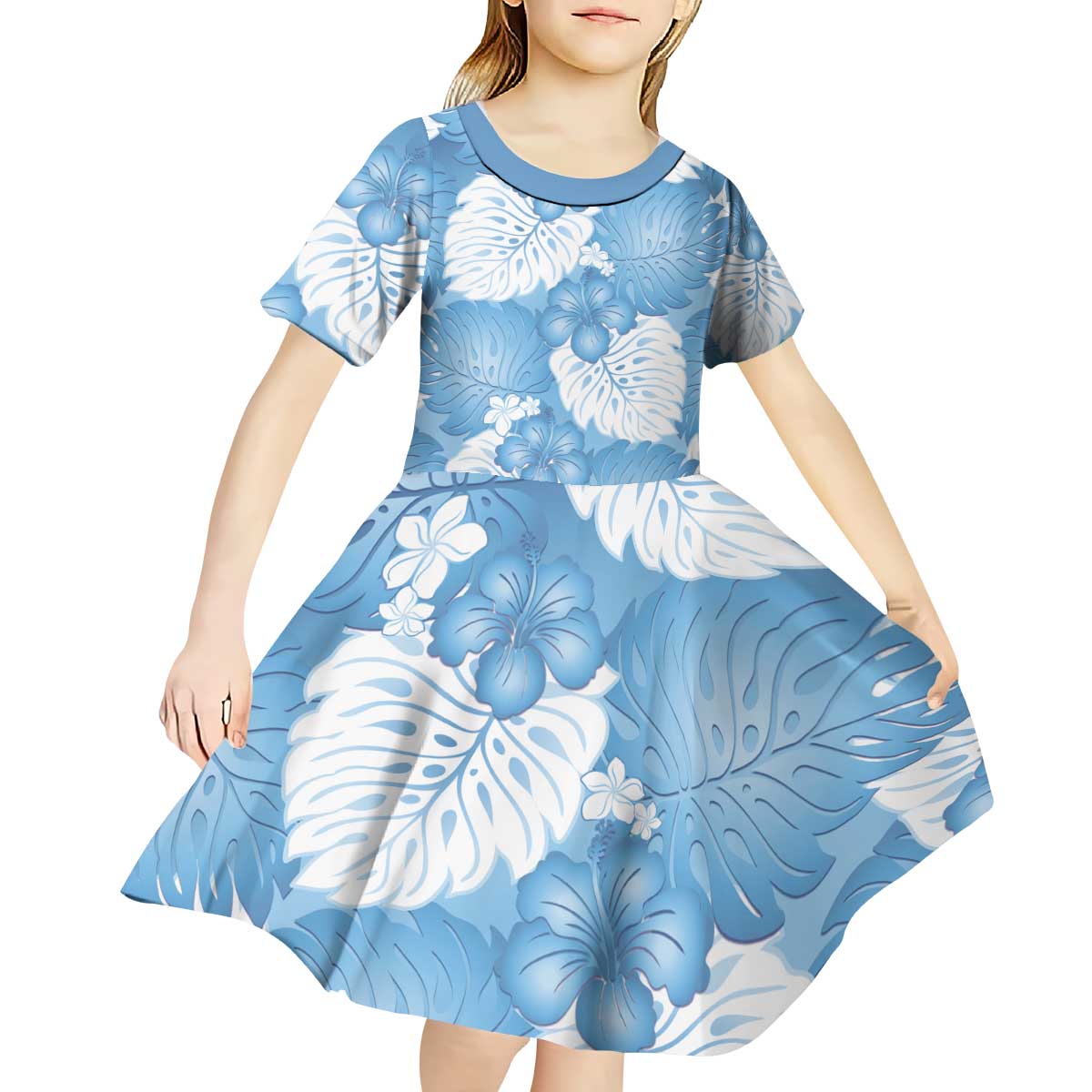 Blue Aloha Hawaii Kid Short Sleeve Dress Monstera Hibiscus Plumeria Seamless Vibes - Polynesian Pride