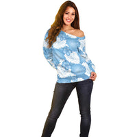 Blue Aloha Hawaii Off Shoulder Sweater Monstera Hibiscus Plumeria Seamless Vibes - Polynesian Pride